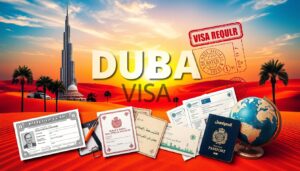 A family of tourists reviewing their Dubai visa documents before traveling to the UAE for a desert adventure