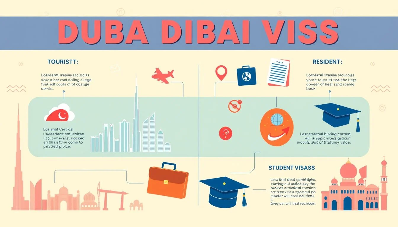 Tourists standing in the heart of Dubai, surrounded by towering skyscrapers and vibrant markets, contemplating their visa options