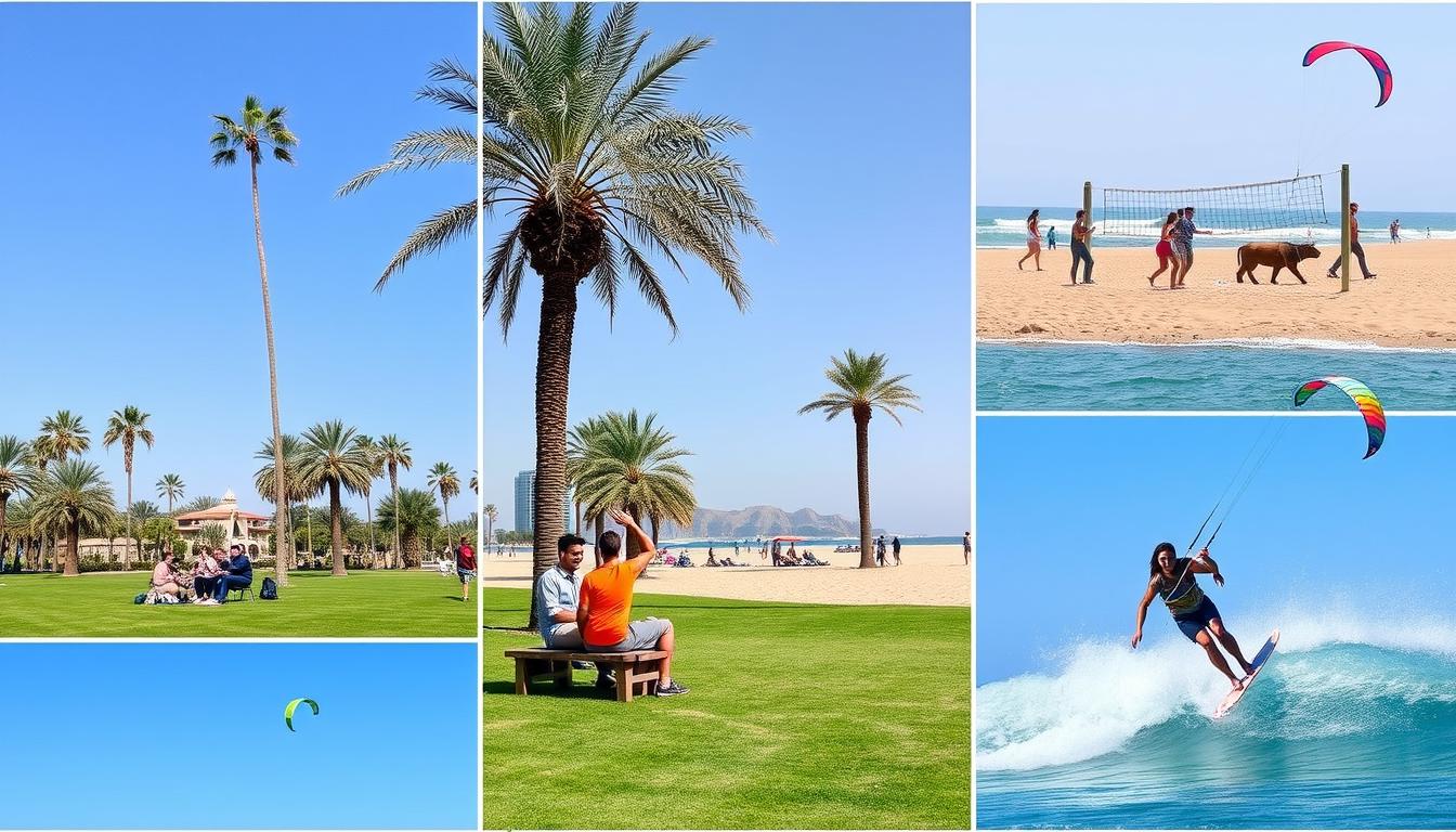Tourists enjoying various outdoor activities in Dubai's desert during the mild winter season, including dune bashing and camel riding