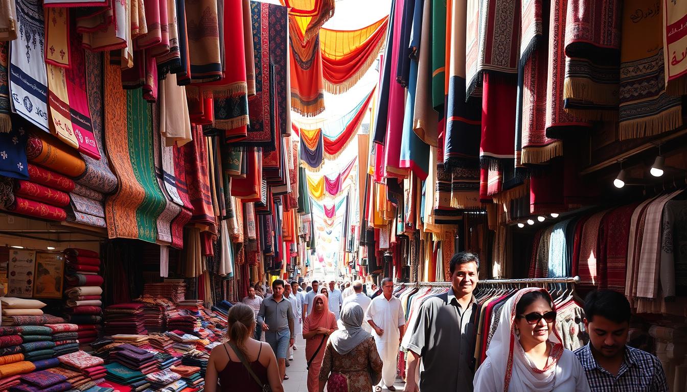 Colorful textiles and fabrics displayed in rows at a bustling market stall in Dubai's Textile Souk, with merchants and shoppers in the background