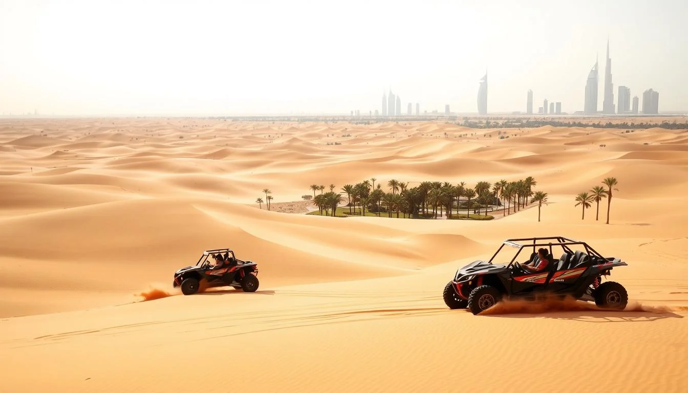 Tourists enjoying a thrilling dune bashing experience in a 4x4 vehicle across the golden sand dunes of Dubai at sunset