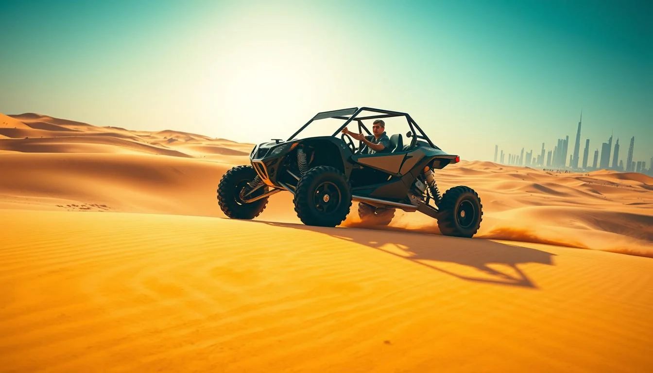 Tourists driving powerful dune buggies across towering red Dubai desert dunes, kicking up sand and dust under a clear blue sky