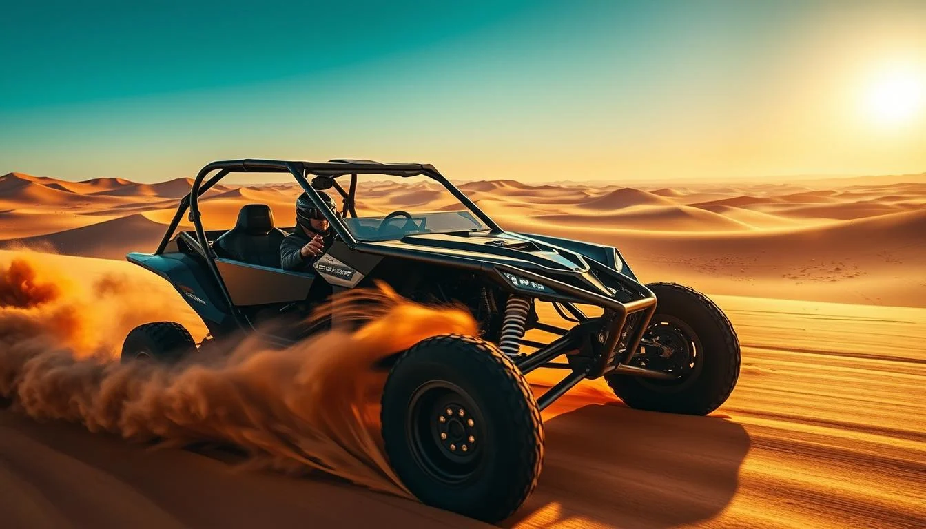 Tourists driving dune buggies across vast golden Dubai desert dunes under a bright Arabian sun, kicking up sand