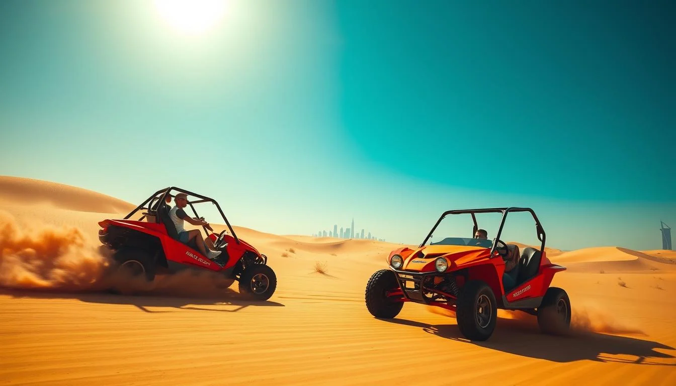 Tourists riding dune buggies across the red dunes of Dubai's desert at sunset, with a safari vehicle in the background.