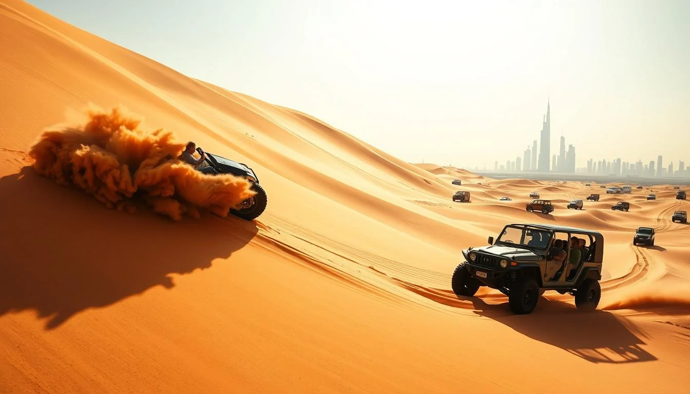 Tourists in a 4x4 vehicle dune bashing across the golden sand dunes of Dubai's Arabian Desert at sunset
