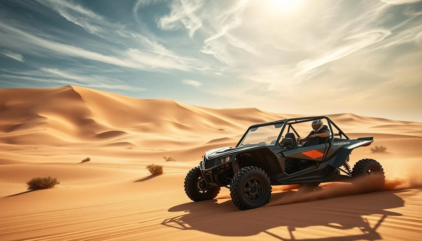 Tourists riding dune buggies and quad bikes across the vast red dunes of the Arabian Desert in Dubai, UAE