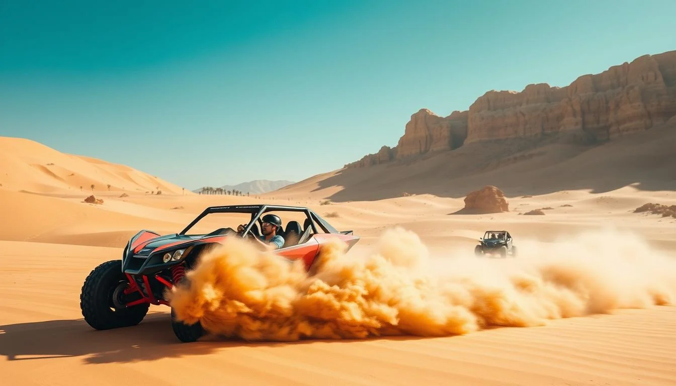 Tourists driving powerful dune buggies across the vast golden sand dunes of the Arabian desert in Dubai during a thrilling adventure tour