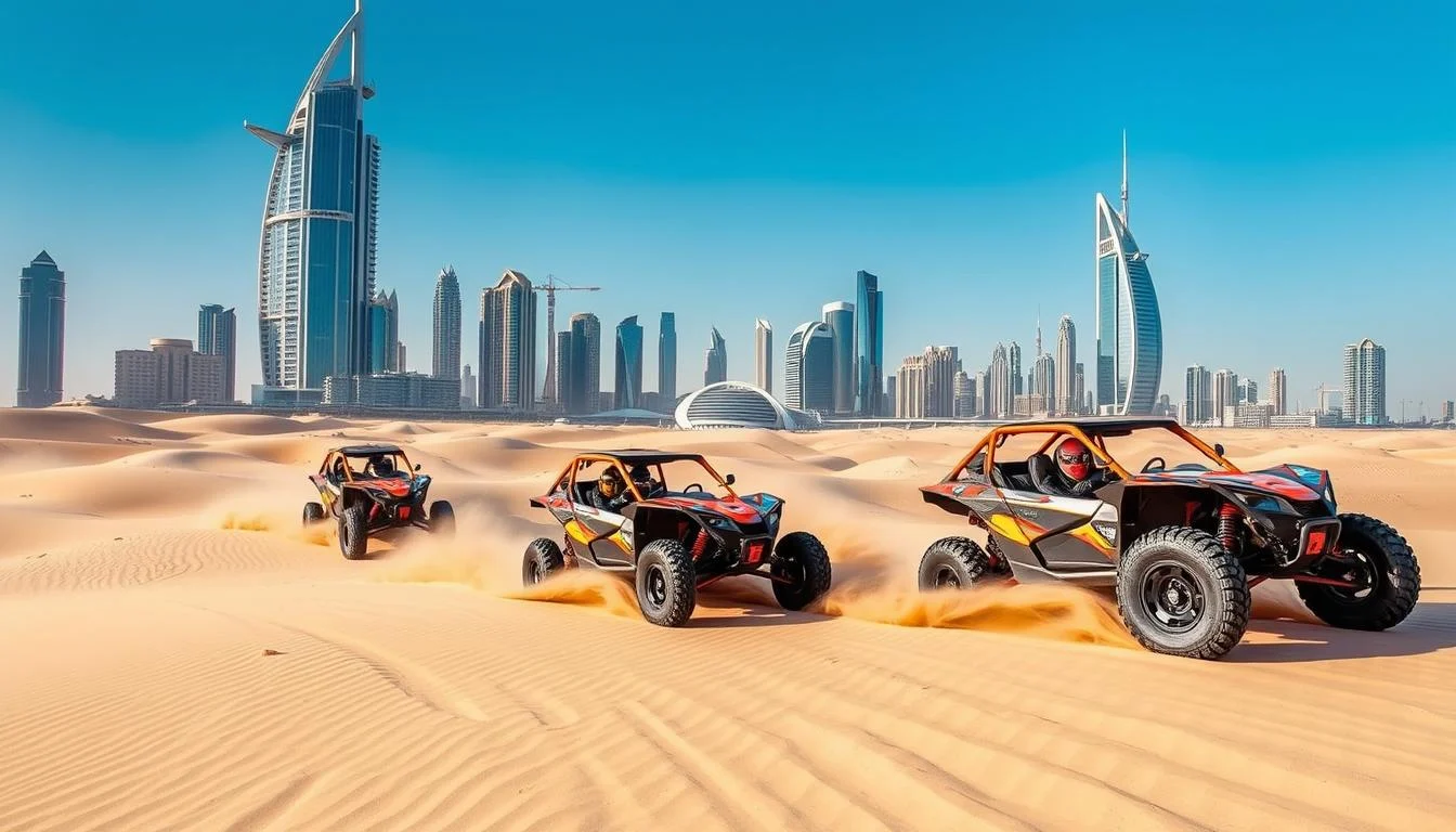 Tourists driving dune buggies across the vast golden sands of the Dubai desert, with modern city buildings visible in the distance near Dubai Healthca