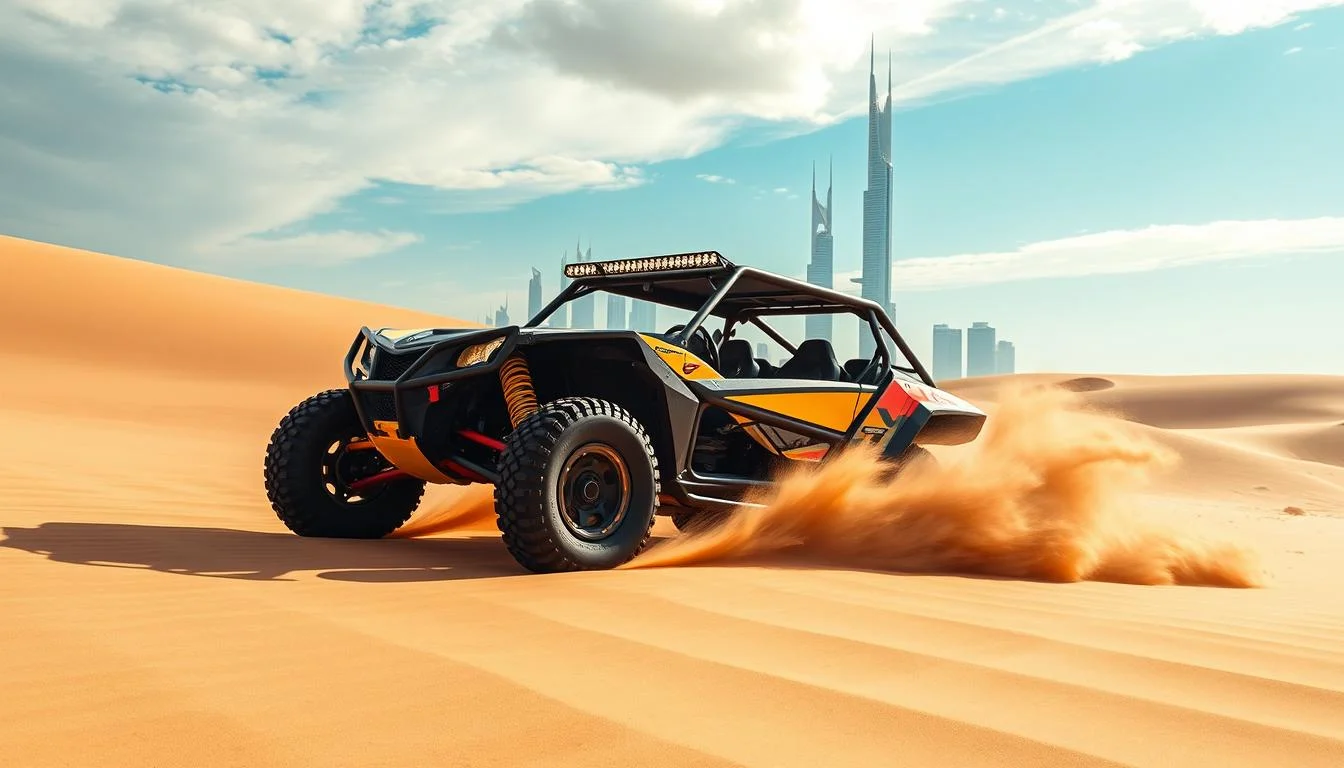 A red dune buggy kicks up sand as it races across the vast, golden desert dunes near Jumeirah Lake Towers, Dubai, under a clear sky.