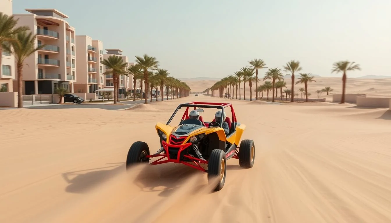 Tourists riding dune buggies across red Dubai dunes at sunset, with the city skyline visible in the distance