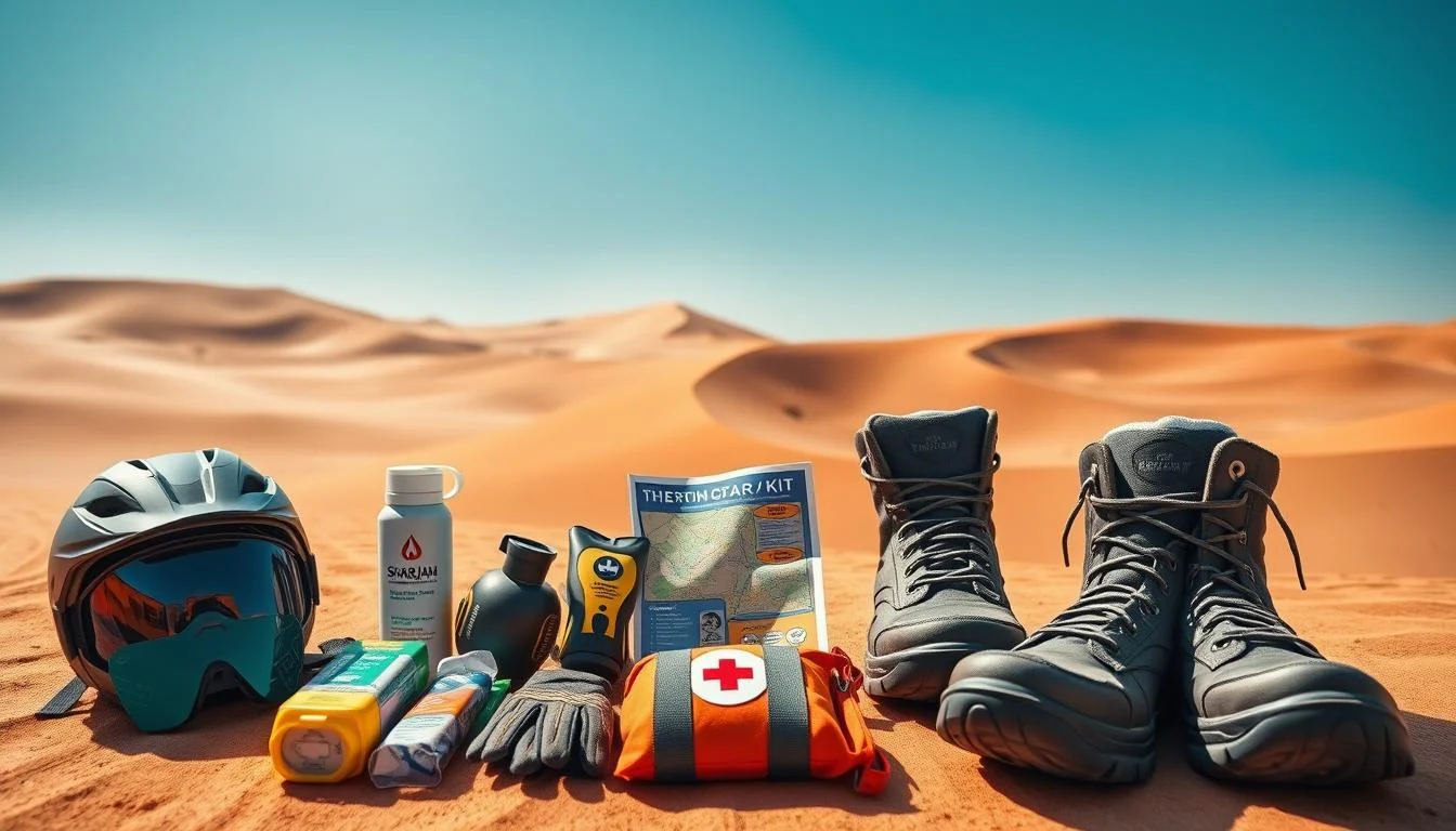 Tourists wearing helmets and protective gear, riding quad bikes across the sandy dunes of Sharjah desert under a bright sky