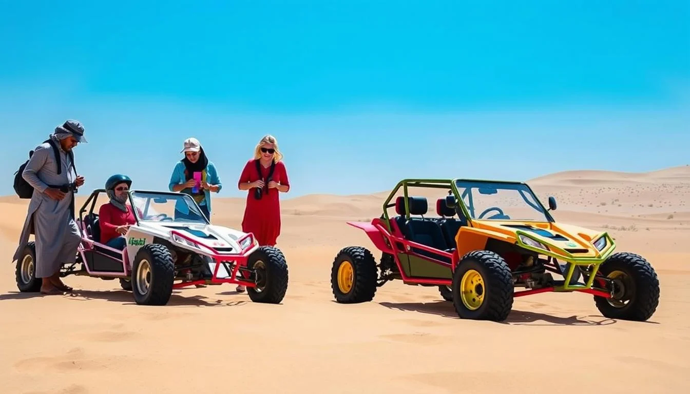Dune buggy riders in the Sharjah Desert at sunset, kicking up sand as they navigate the challenging terrain