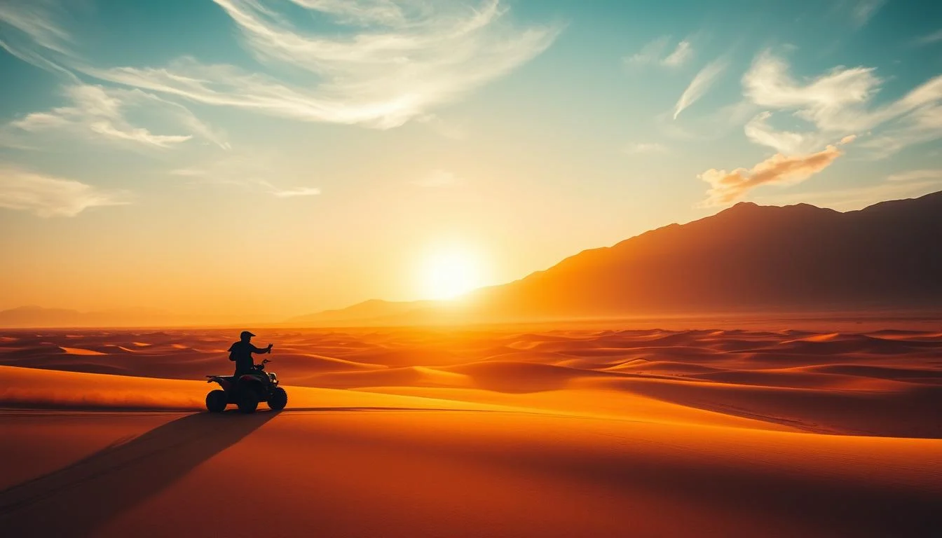 Tourists riding quad bikes across the red Dubai desert dunes at sunset, with an orange and purple sky