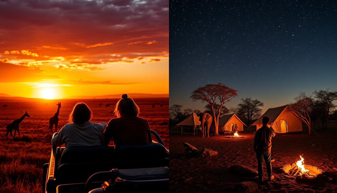 Tourists enjoying an evening desert safari with dune bashing and cultural shows under a sunset sky in Dubai