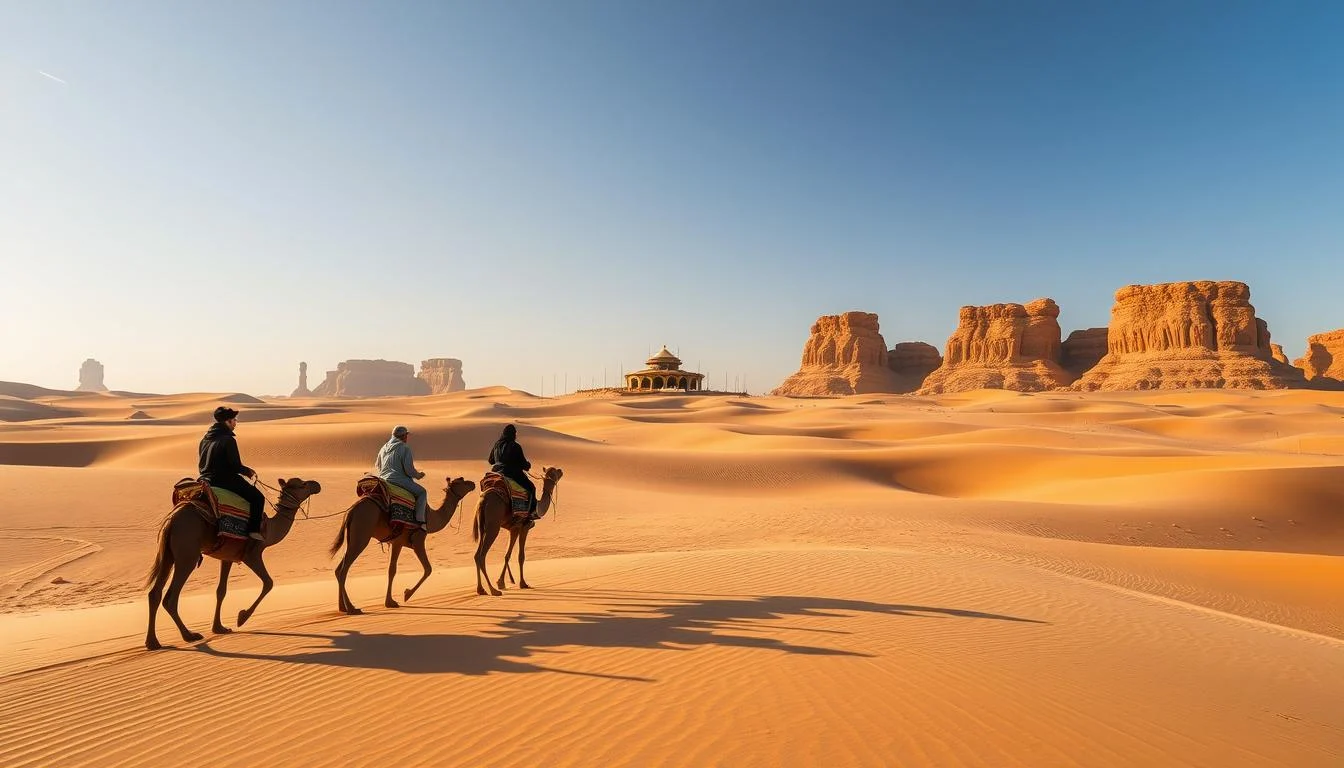 Tourists enjoying an evening desert safari in Dubai, with a vibrant sunset casting golden hues over the dunes and traditional Bedouin camp in the dist