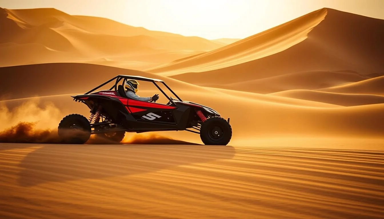 Tourists riding dune buggies across red Abu Dhabi desert dunes, exploring hidden trails at sunset