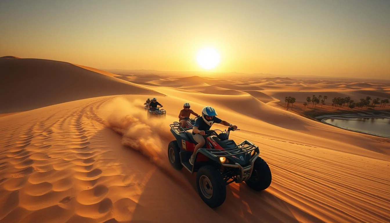 Tourists riding quad bikes across the vast golden sand dunes of Huacachina's Ica Desert at sunset, with an oasis in the background