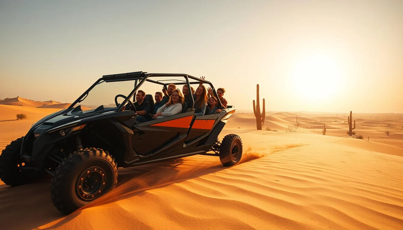 Tourists riding dune buggies across red Dubai dunes at sunset with a skilled guide leading the way