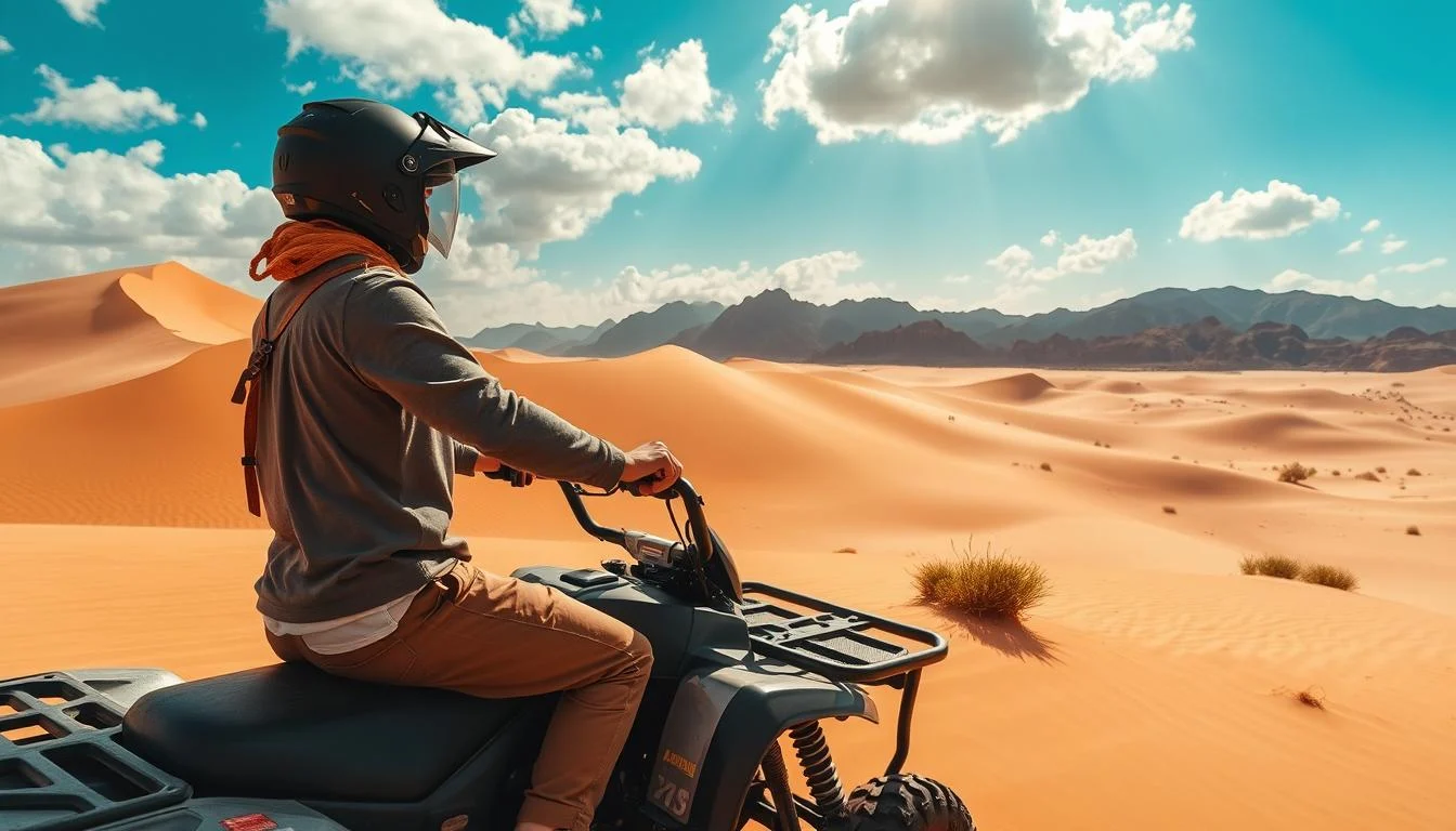 Tourists riding quad bikes across the Mleiha Desert dunes in Sharjah, UAE, with Fossil Rock visible in the distance