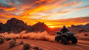 Quad bikers riding across the golden sands of the Sahara Desert with the Acacus Mountains in the background at sunset