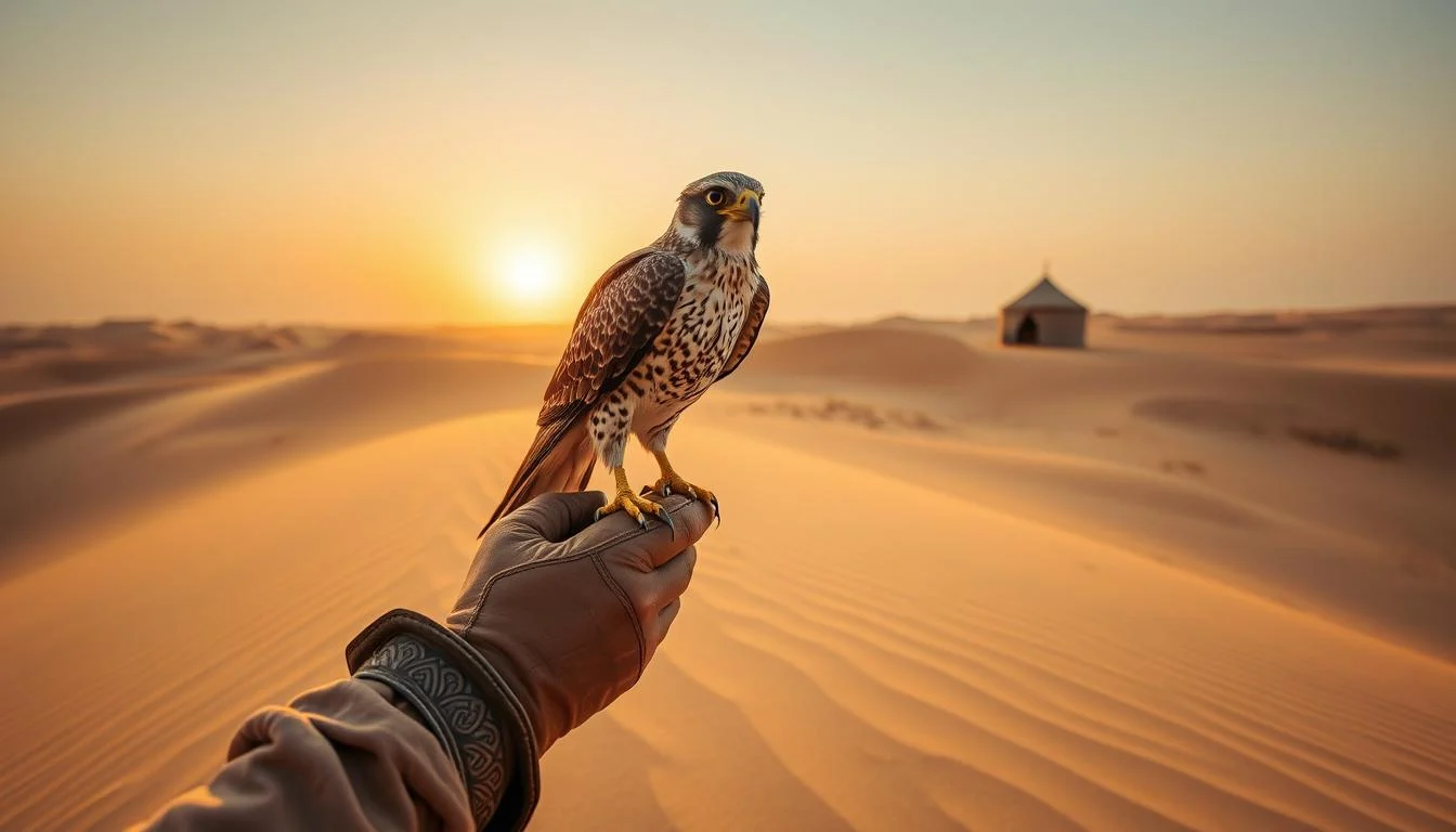 Trained falcon perched on a gloved hand in the quiet Sharjah desert before sunrise, ready for a photography session