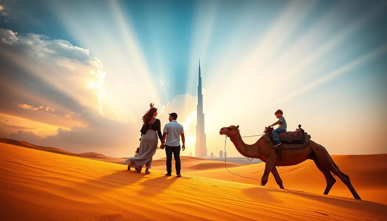Family posing for a professional desert photography session in Dubai, with golden dunes and clear skies at sunset