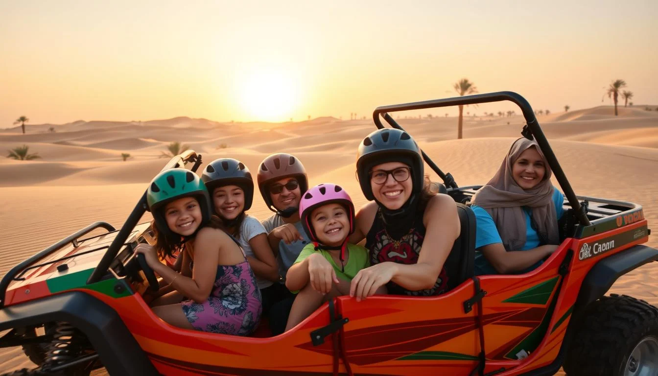 Family riding a four-seater dune buggy through the gentle, rolling dunes of the Sharjah desert at sunset, with guides nearby