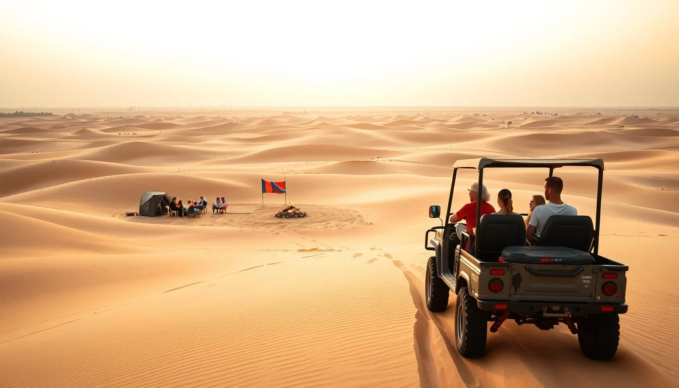 Family enjoying a desert safari in Abu Dhabi, with children riding a camel and parents watching the sunset over the dunes