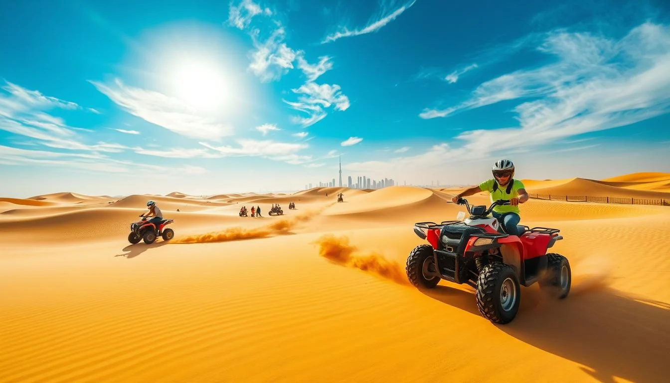 Families riding quad bikes across the desert dunes in Abu Dhabi, enjoying a safe and scenic adventure