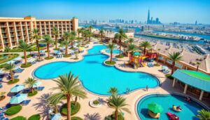Families enjoying a luxurious swimming pool at a family-friendly hotel in Dubai with palm trees and modern architecture