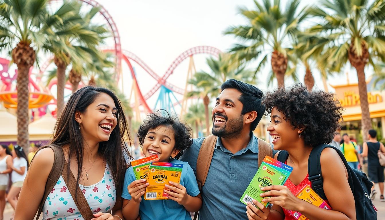 Families enjoying various rides and attractions at Dubai Parks and Resorts, including roller coasters and character meet-and-greets