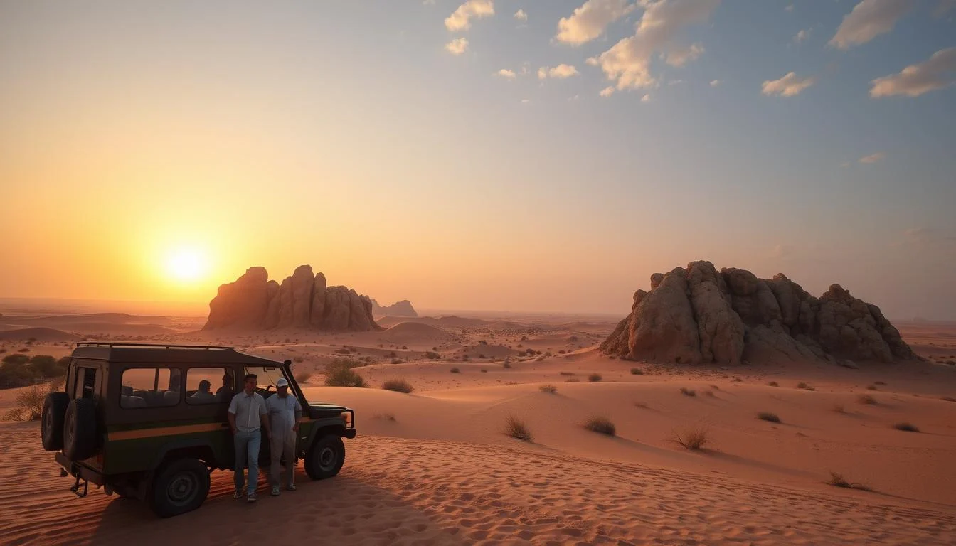 Red dunes and layered cliffs of Fossil Rock in Sharjah, UAE, under a clear sky, with a desert safari vehicle in the distance