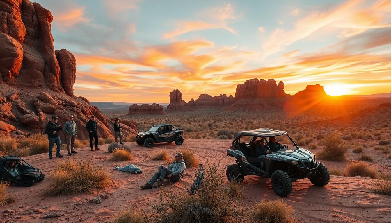 Tourists hiking on the ancient sandstone formations of Fossil Rock in Dubai after a thrilling dune buggy ride at sunset