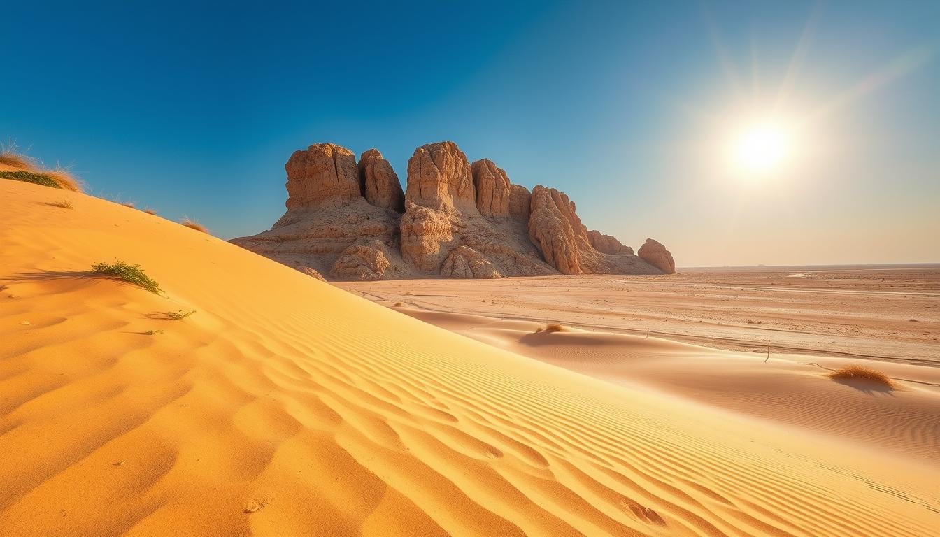 Fossil Rock, a majestic desert landmark in Sharjah, rising from the golden dunes under a clear blue sky, with ancient marine fossils visible on its su