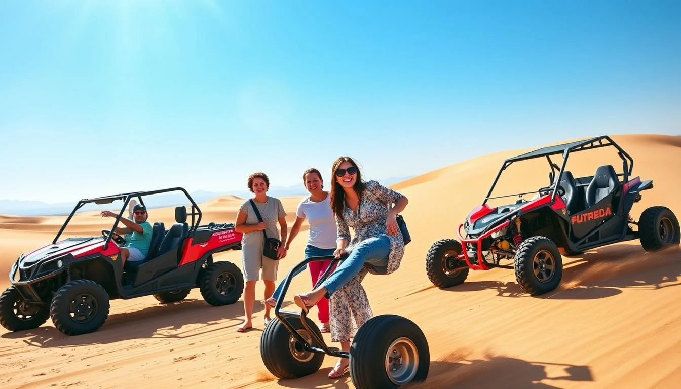 Tourists riding dune buggies across the red dunes of Sharjah's Al Badayer desert at sunset, with a guide leading the way