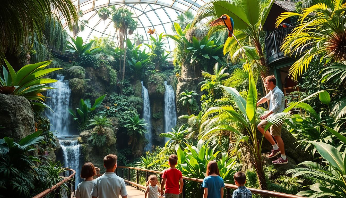 Families exploring the lush indoor rainforest at Green Planet Dubai, observing exotic plants and animals in a biodome environment
