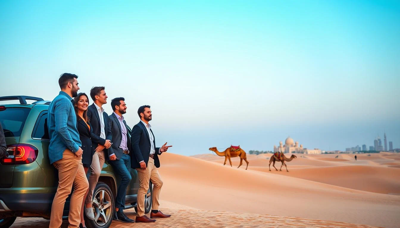Group of colleagues on a corporate desert safari in Sharjah, enjoying dune buggy rides and a BBQ dinner at sunset