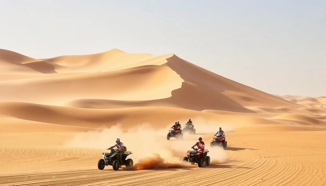 Colleagues on quad bikes riding across vast Abu Dhabi desert dunes, fostering teamwork and shared experiences