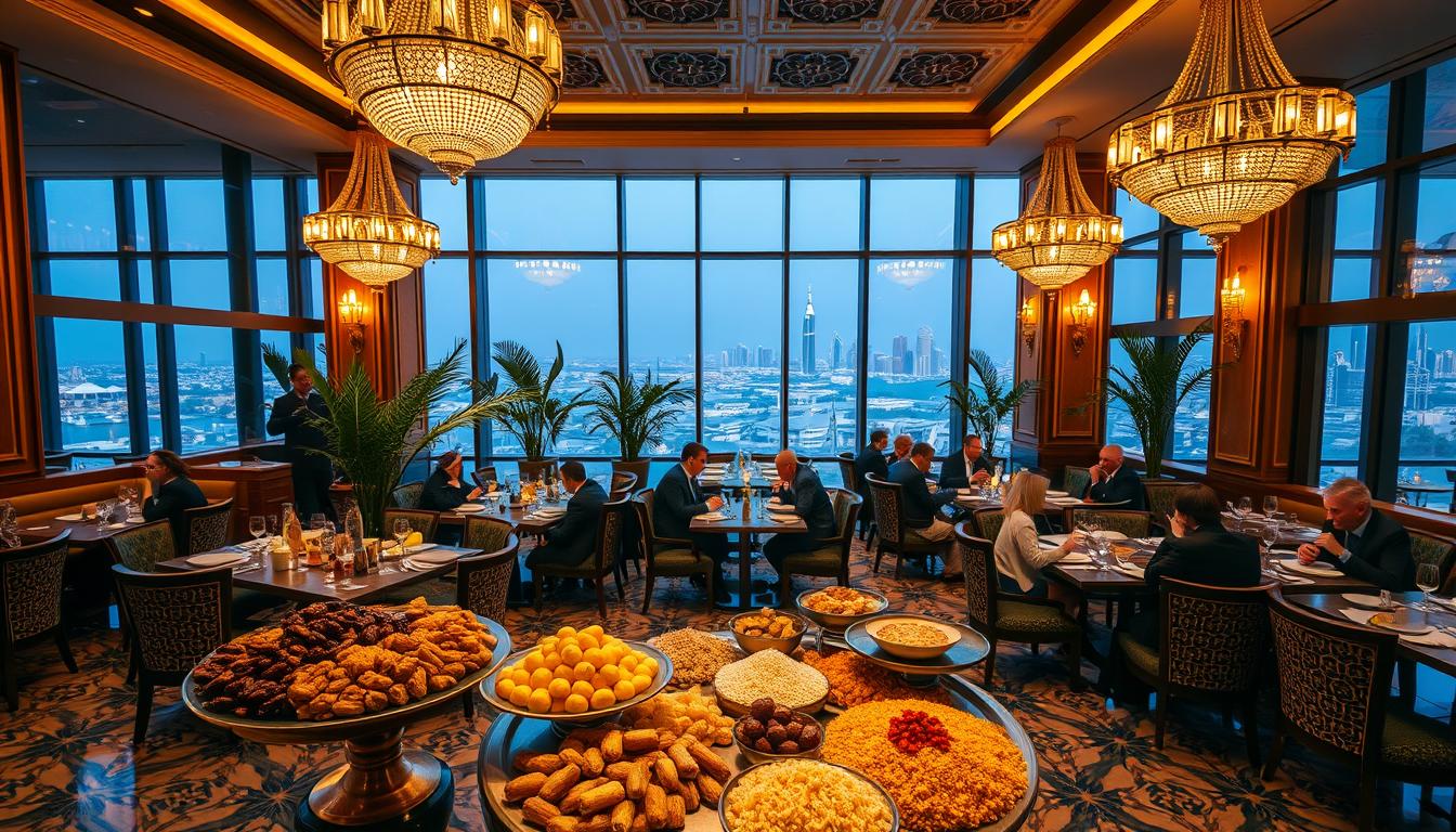 A beautifully set iftar table with traditional Middle Eastern dishes and drinks, ready for a Ramadan meal in the UAE