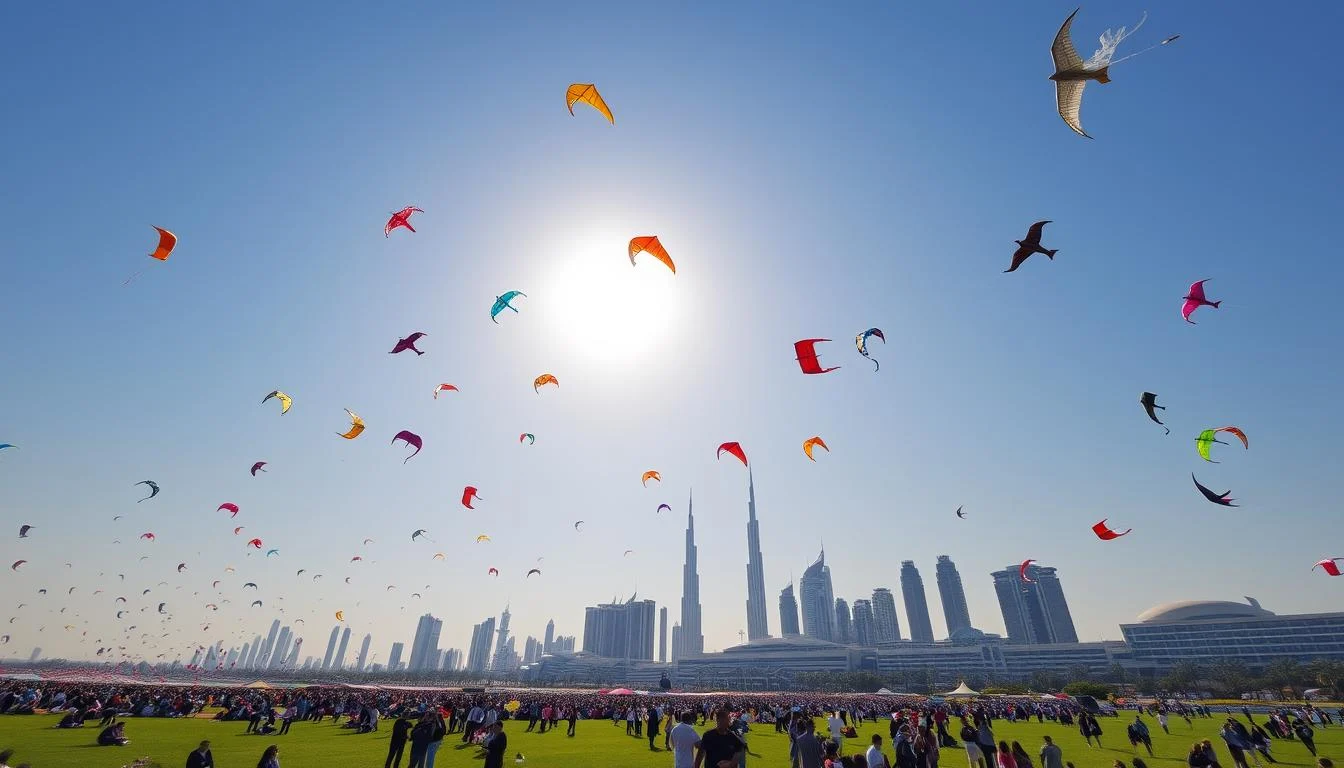 Colorful kites soaring high above the vibrant shores of Dubai during the annual Kite Festival, attracting enthusiasts worldwide