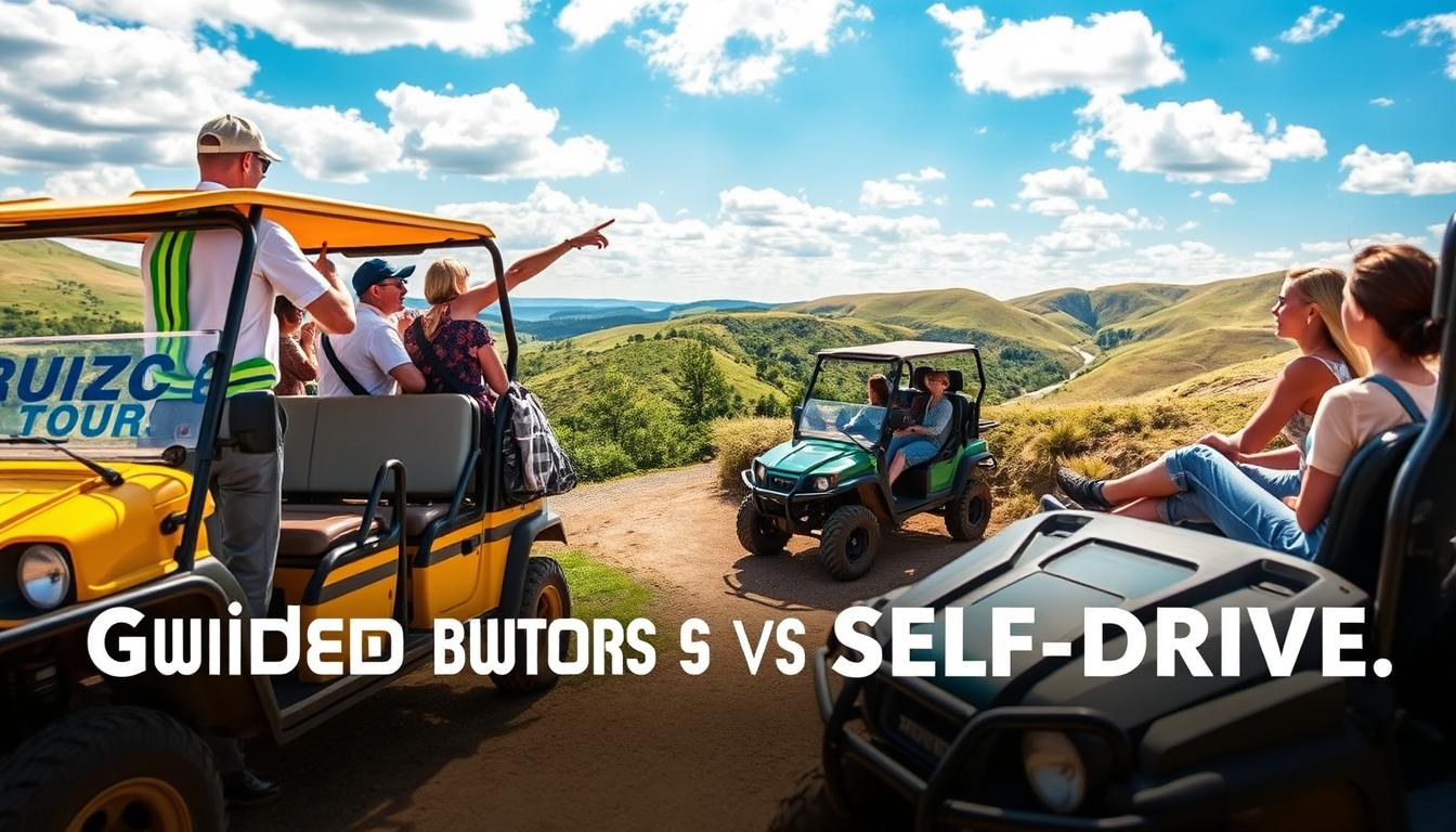 Tourists driving dune buggies in a convoy across the red sand dunes of the Dubai desert at sunset with a guide leading the way