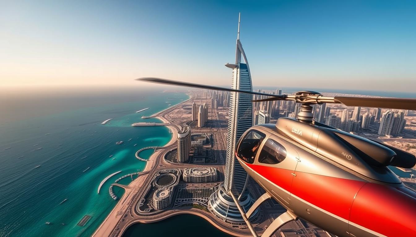A sleek, modern helicopter flying high above the iconic Dubai skyline, with the Burj Khalifa prominently visible among other skyscrapers and the