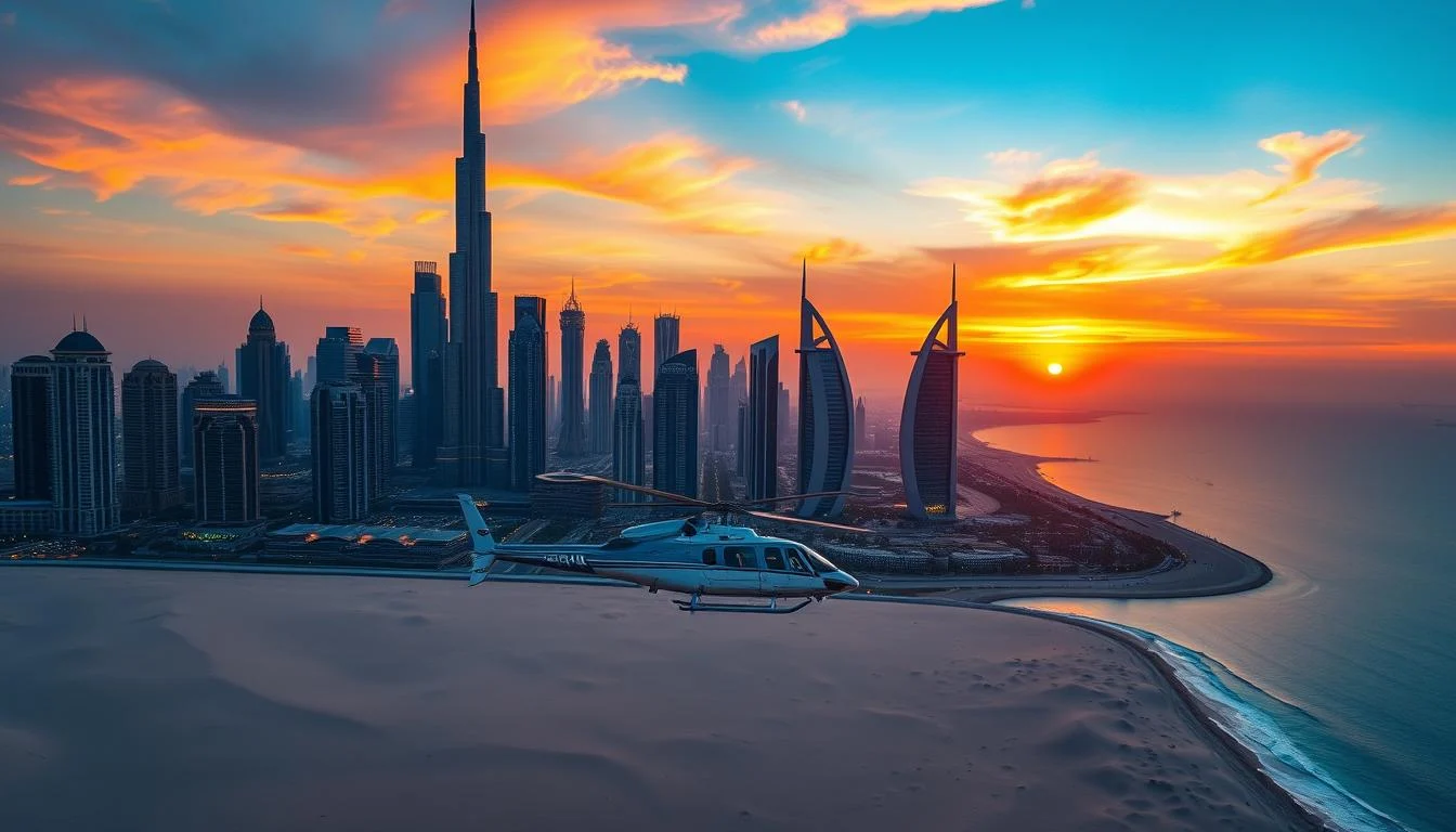 Tourists enjoying a scenic helicopter tour over Dubai's iconic cityscape, with the Burj Khalifa and Palm Jumeirah visible in the distance