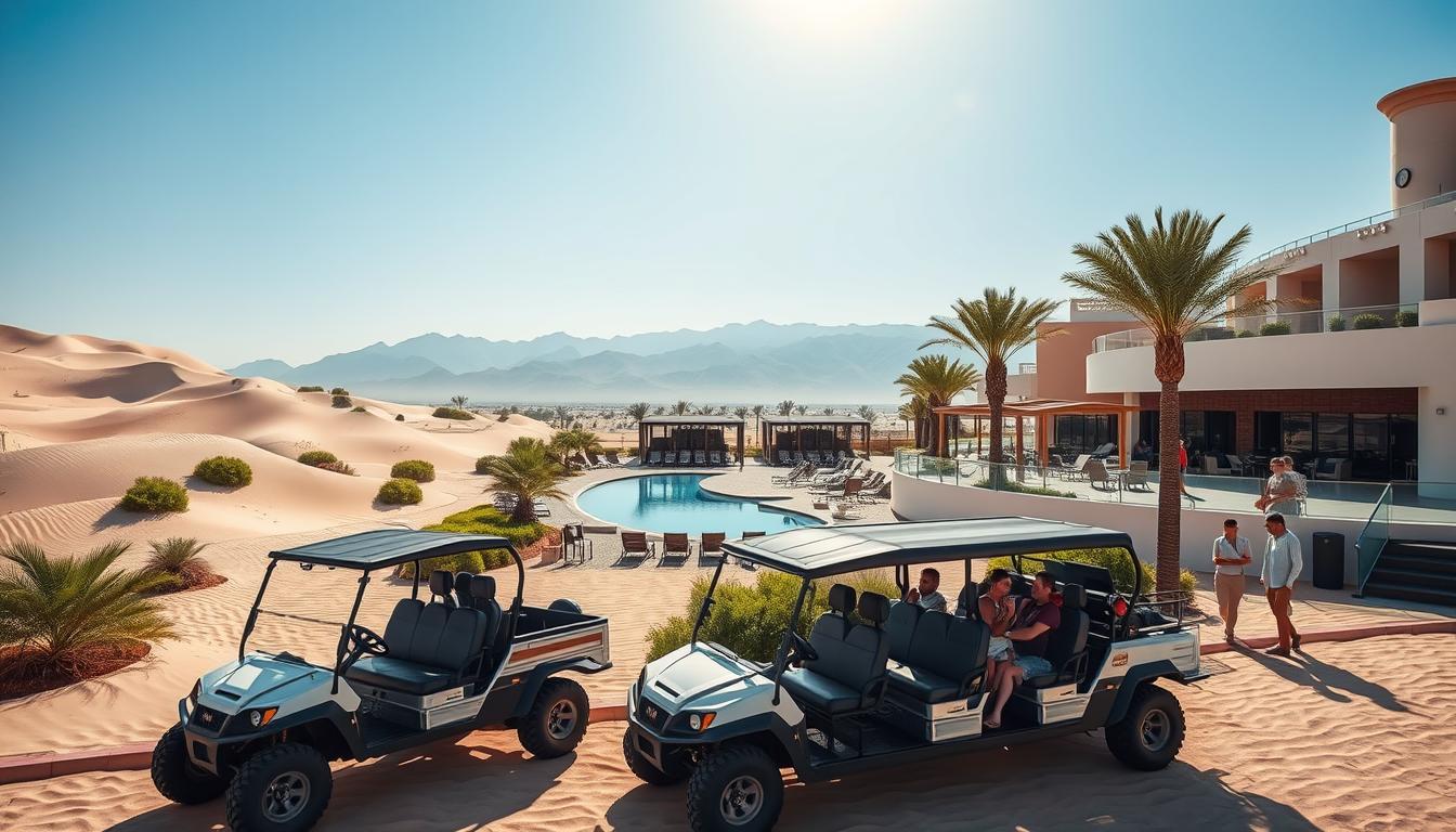 Luxury hotel in Ras Al Khaimah with desert dunes visible in the distance, offering easy access for dune buggy tours