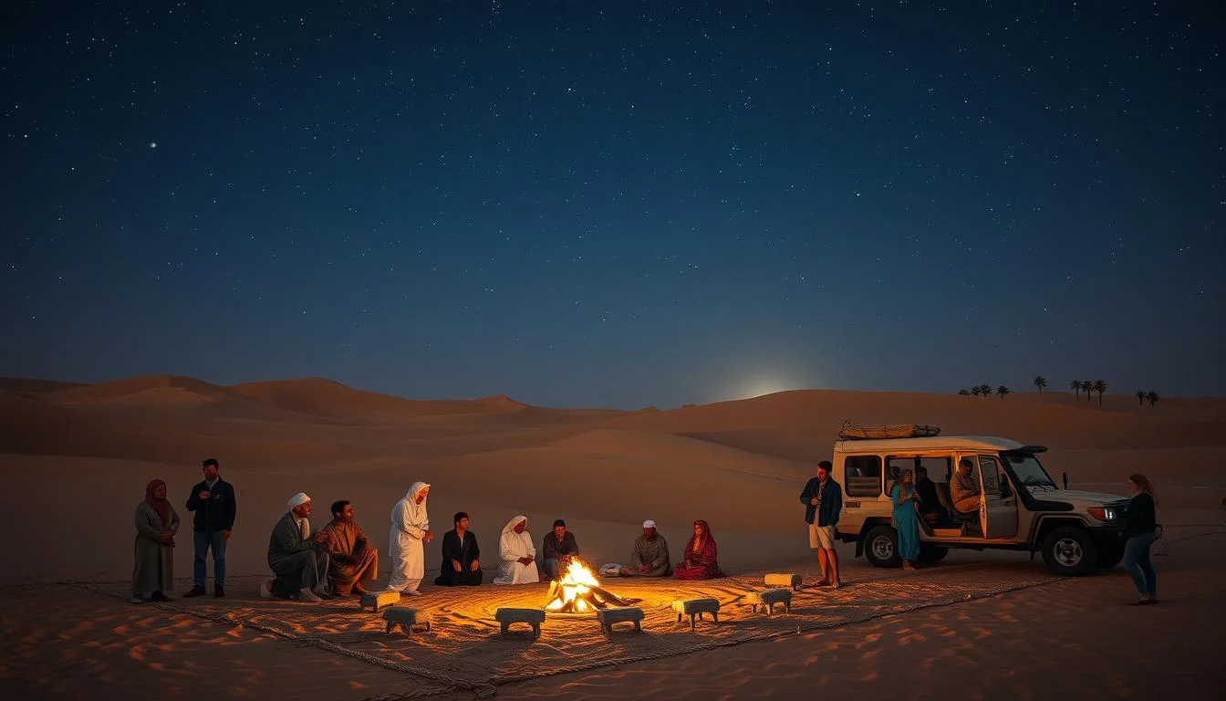 Bedouin man in traditional attire sharing stories with tourists around a campfire in the Dubai desert at sunset