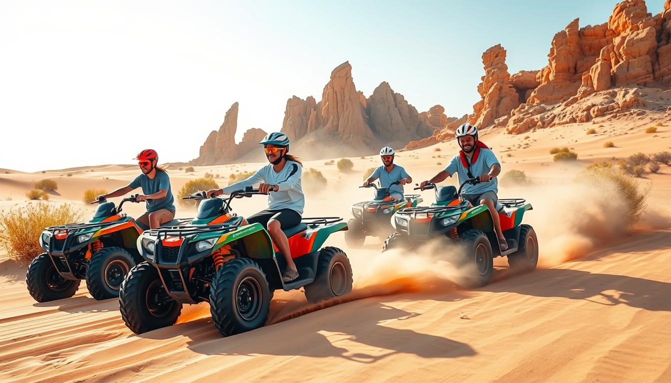 Quad bikers riding carefully on designated trails through the desert dunes in Sharjah, demonstrating eco-friendly tourism practices