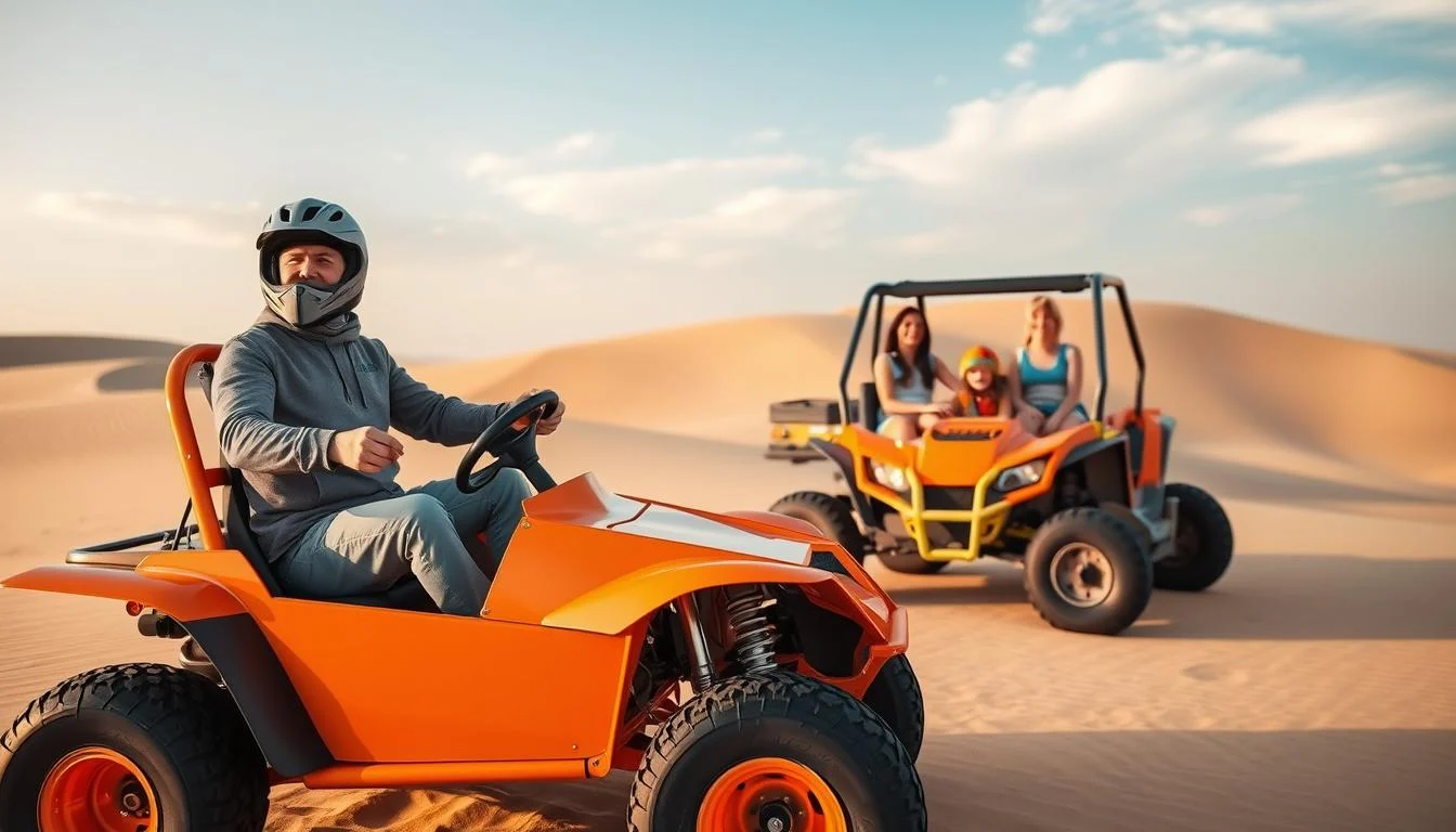 Tourists wearing helmets and goggles riding dune buggies through the golden desert landscape of Ras Al Khaimah, UAE, at sunset