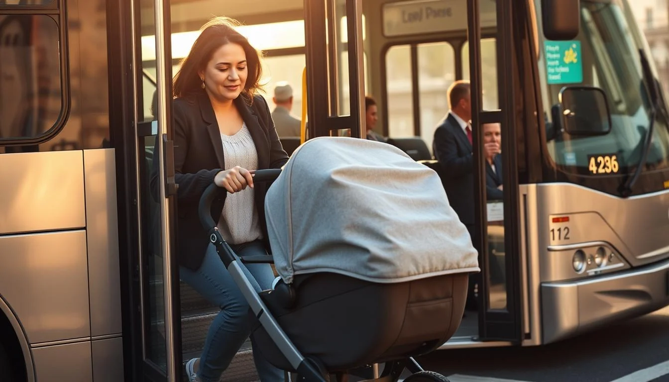 How do you get off the bus with a buggy?
