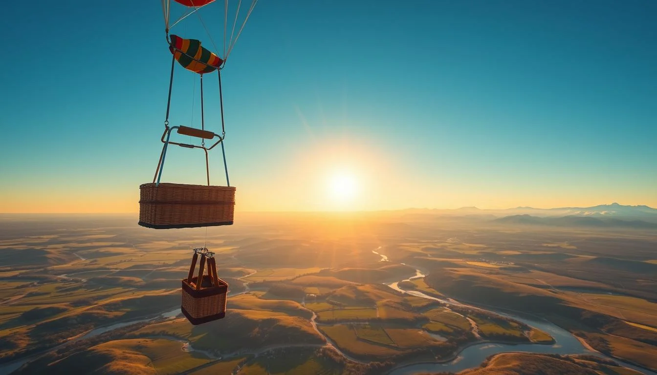 A vibrant hot air balloon ascending into a clear blue sky over a scenic landscape, offering a breathtaking view from above