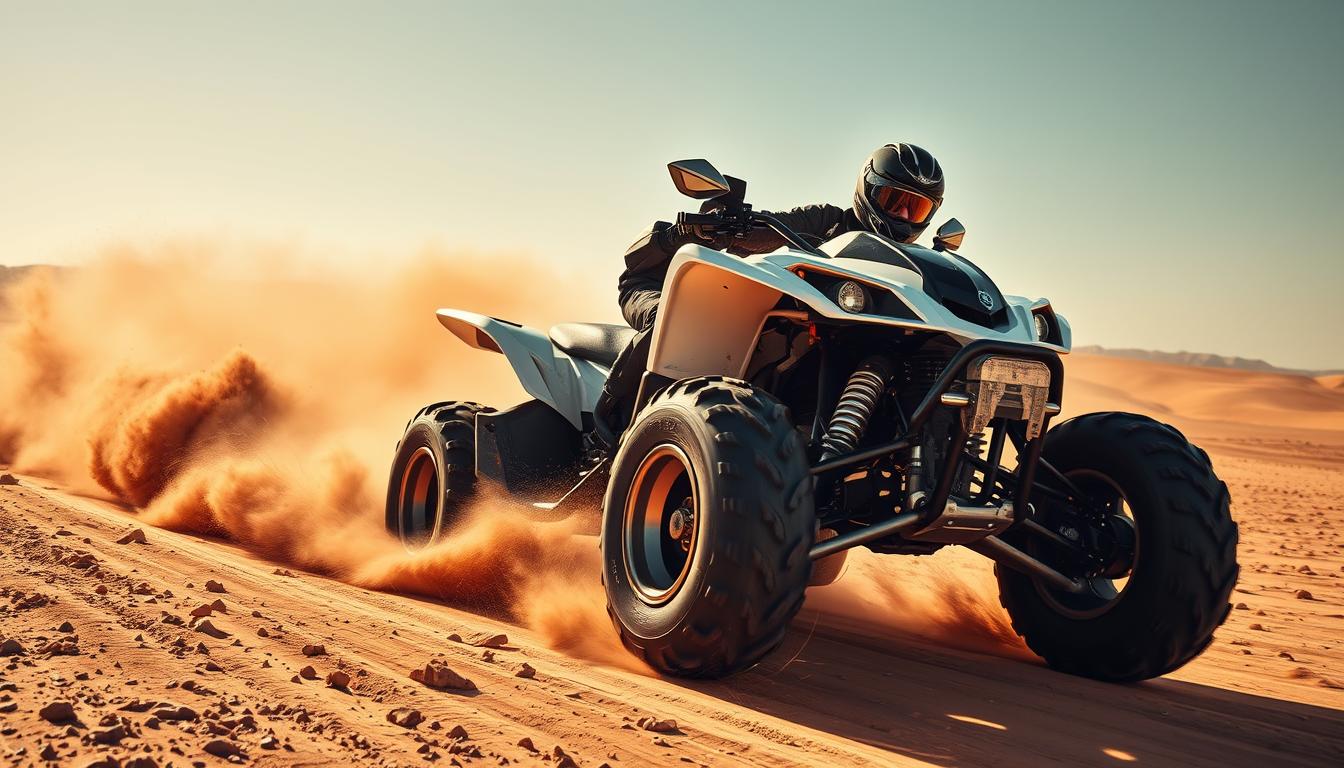 A powerful quad bike with a rider kicking up sand in the desert, illustrating the thrill of high-speed off-road adventure